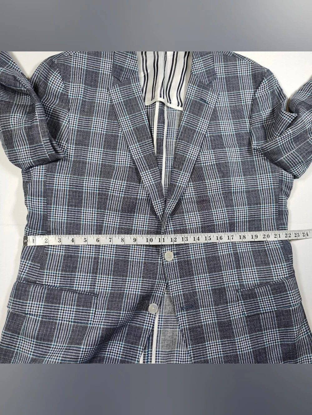 Hugo Boss Landicio Bella Tesse 60% Wool 40% Linen Blue Gray Plaid Blazer Sz 46